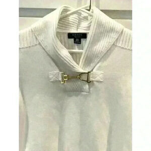 Women’s Chaps Sweater White Petite Medium PM Gold Toggle Shawl Neck Long Sleeve